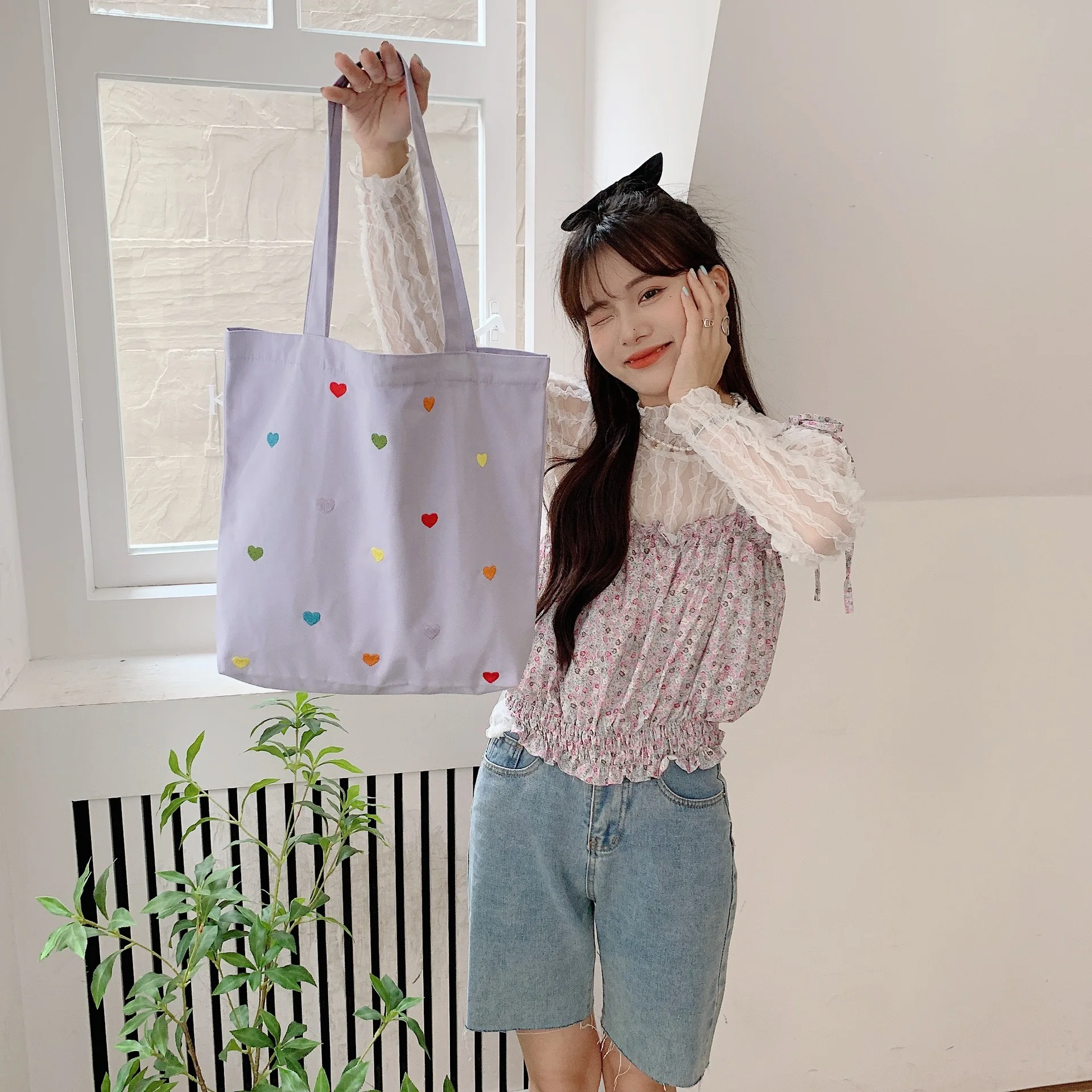 Canvas Bags for Women Heart Pattern Tote Bag Shopping Bag Grocery Canvas Handbag