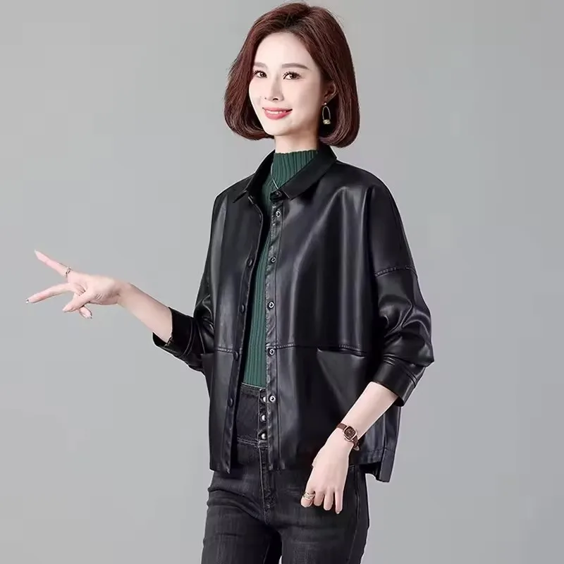 새로운 여성 캐주얼 느슨한 가죽 자켓 봄 가을 패션 턴 다운 칼라 싱글 브레스트 짧은 가죽 오토바이 자켓