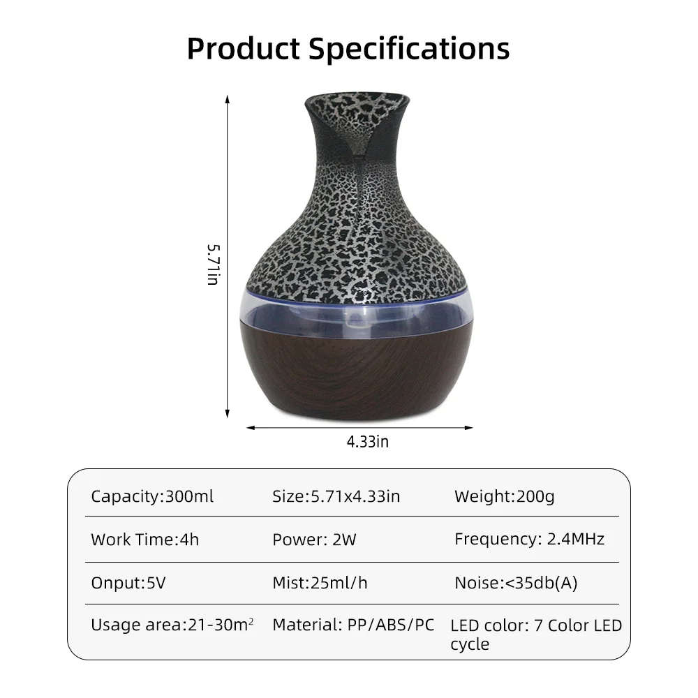 300ml Aromatherapy Essential Oil Diffuser with Remote Control & 2 Oils, 7 Color Changing LED Lights Cool Mist Humidifier for Spa