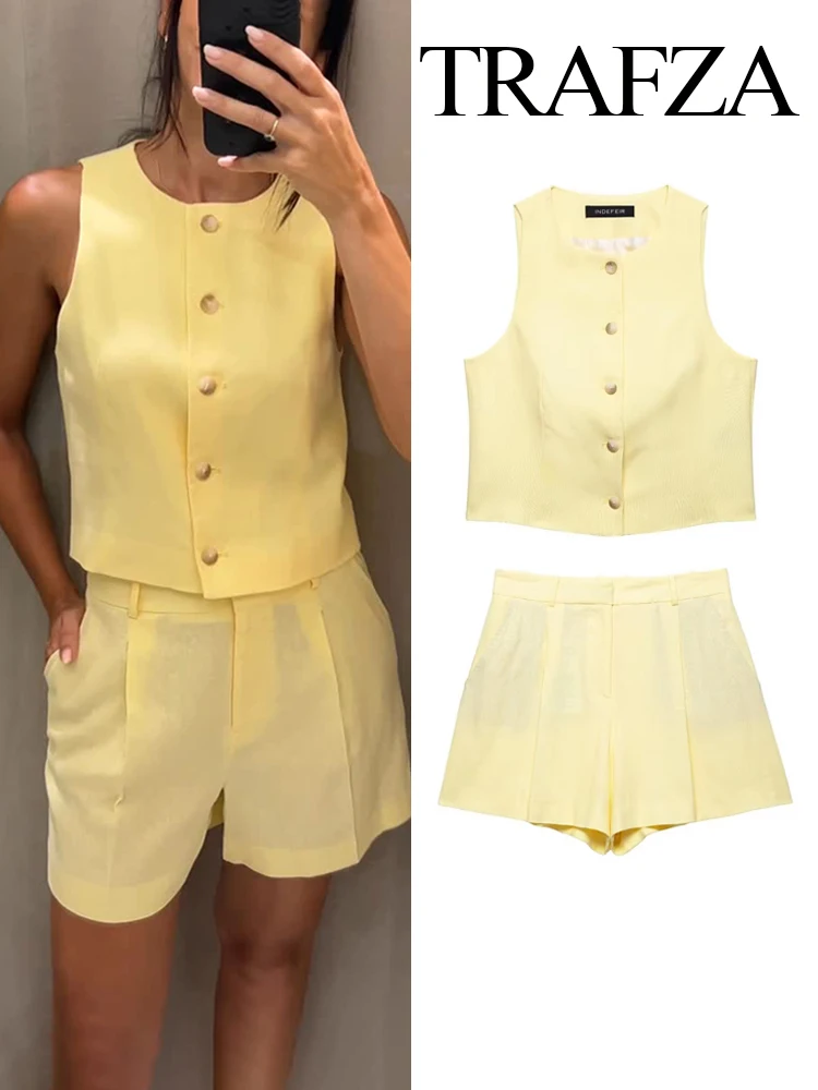 

TRAFZA Women's Summer Fashion Line Single Breasted Vest Sleeveless Round Neck Top+Blended High Waist Casual Zipper Shorts Mujer