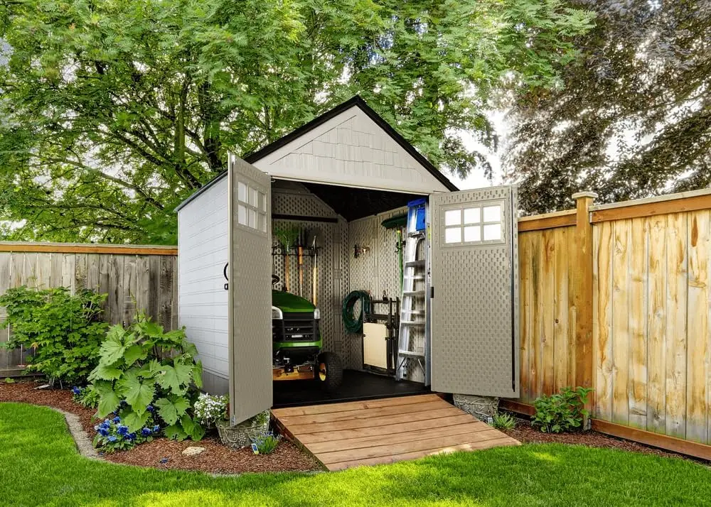 Resin Outdoor Storage Shed With Floor (7 x 7 Ft) Weather Resistant Beige/Brown Organization for Home/Backyard