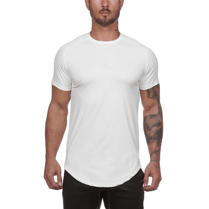 Plain Summer Cool Mesh Quick Dry Short Sleeve Shirt Gym Fitness Muscle Slim Fit Tops Mens Bodybuilding Sport Breathable T-shirt