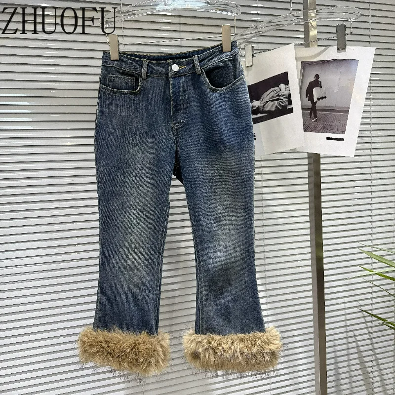 Women Flare Jeans Faux Fur Cuff Hem Vintage Denim Pants High Waist Y2K Design Ladies Casual Trousers Ladies Autumn New Capris