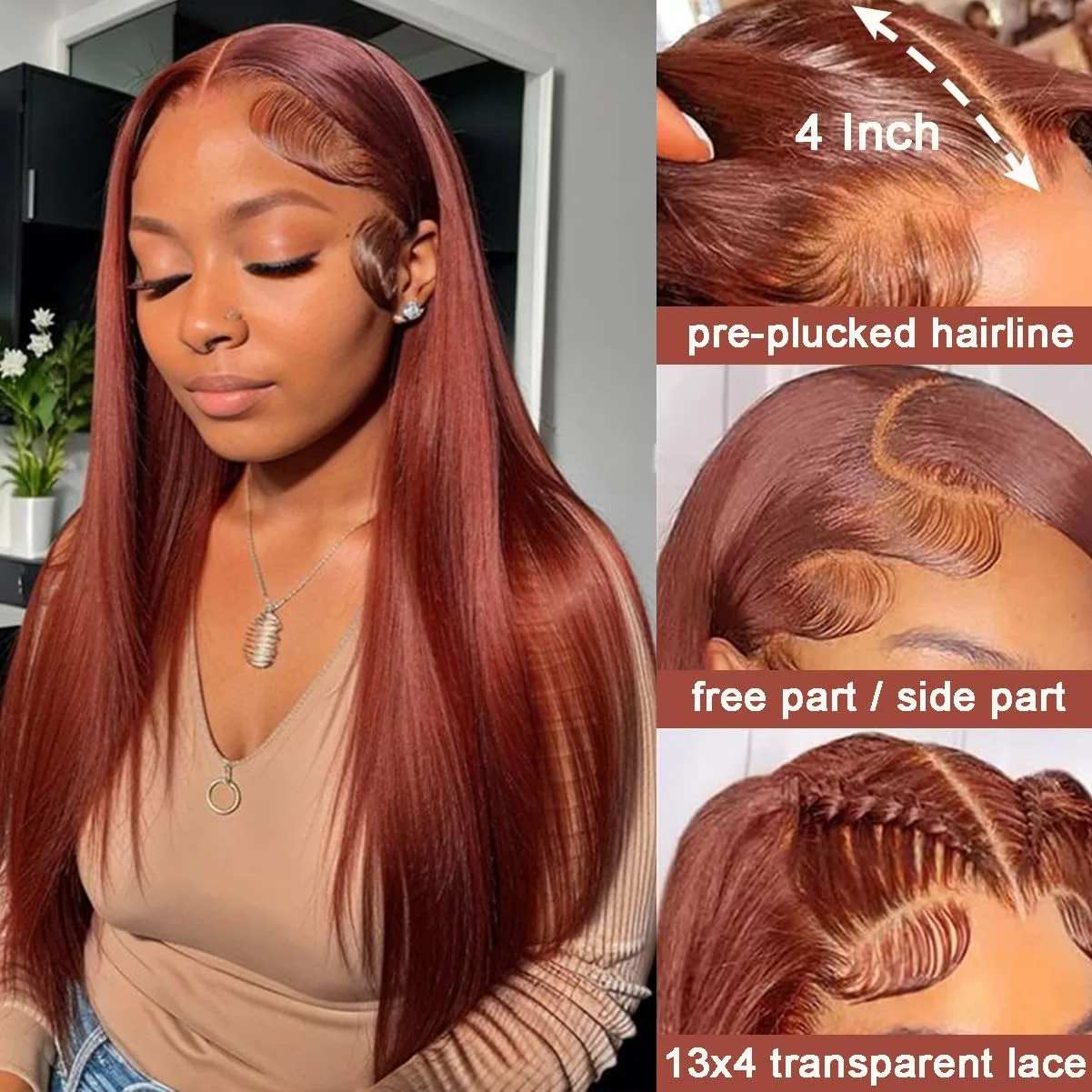 Brazilian Virgin Reddish Brown Straight Wig 100% Unprocessed Human Hair 13x6 HD Lace Frontal 200 Density 22 28 36 Inch Glueless Wear And Go Smooth Texture