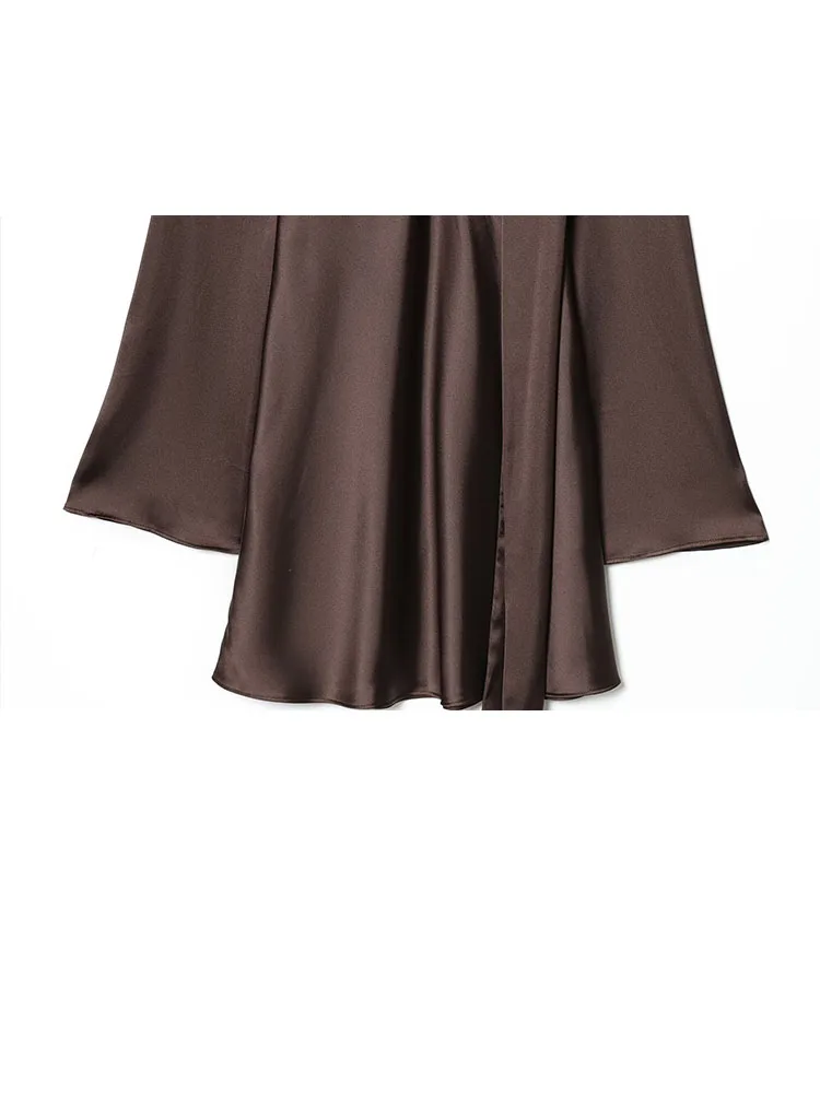 HH Women's French Scarf Decorated V-Neck Mini Dress Silk Satin Texture Light Luxury Elegant High Waist Slim Party Dress