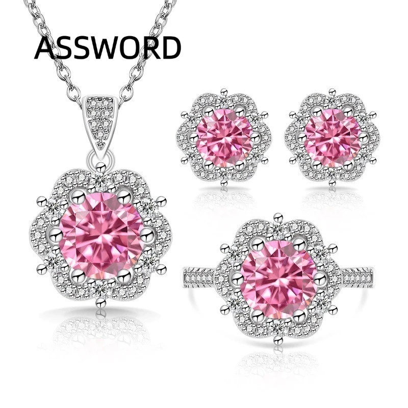 925 Sterling Silber Blumenform CZ Schmuckset Damen Anhänger Halskette Ohrstecker Verstellbarer Ring Brautschmuck Hochzeitsgeschenk – Detail 7