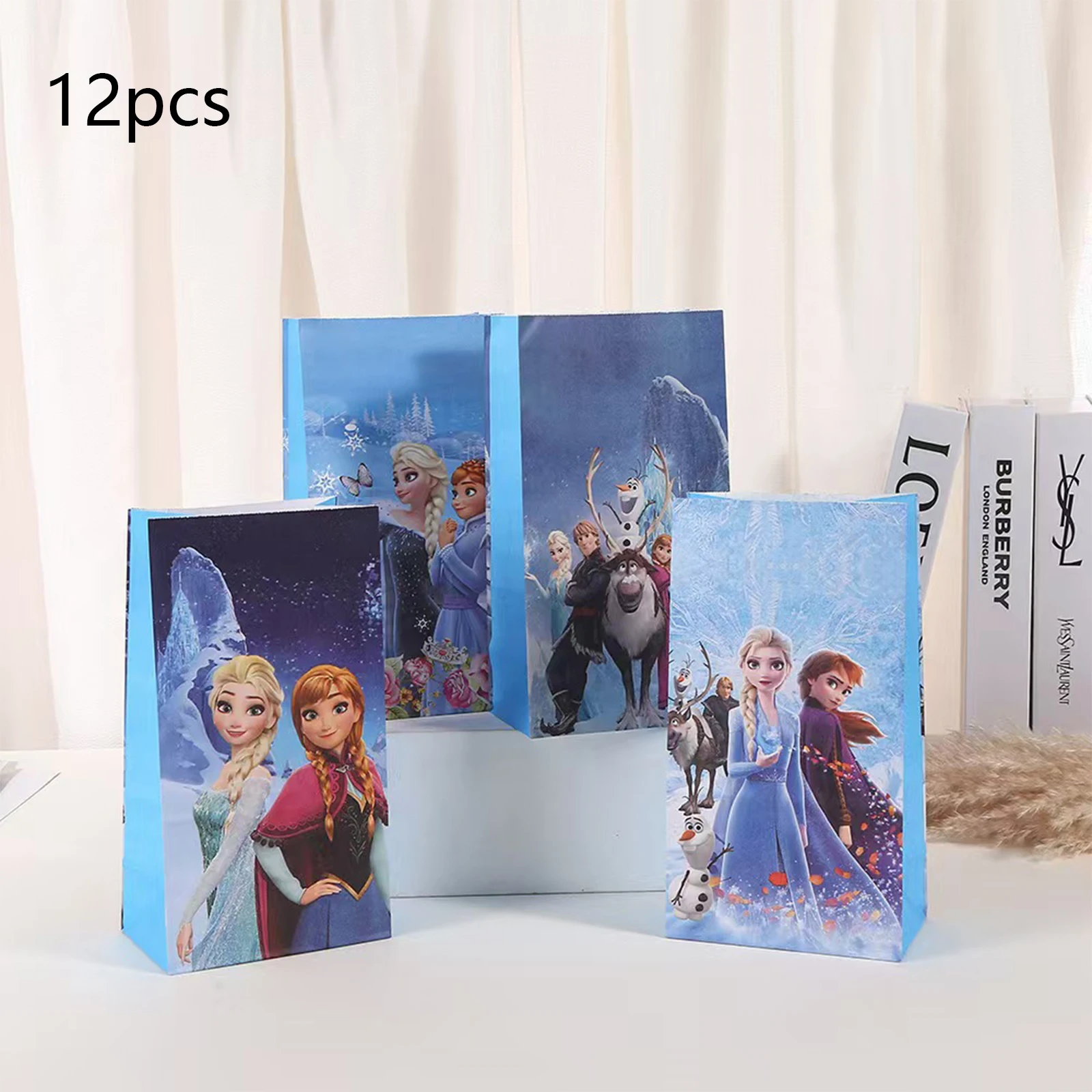 12 bolsas de regalo para fiesta de cumpleaños de Frozen, bolsas de dulces de Frozen; rollo de pegatinas de dibujos animados de Frozen, etiquetas de sellado DIY