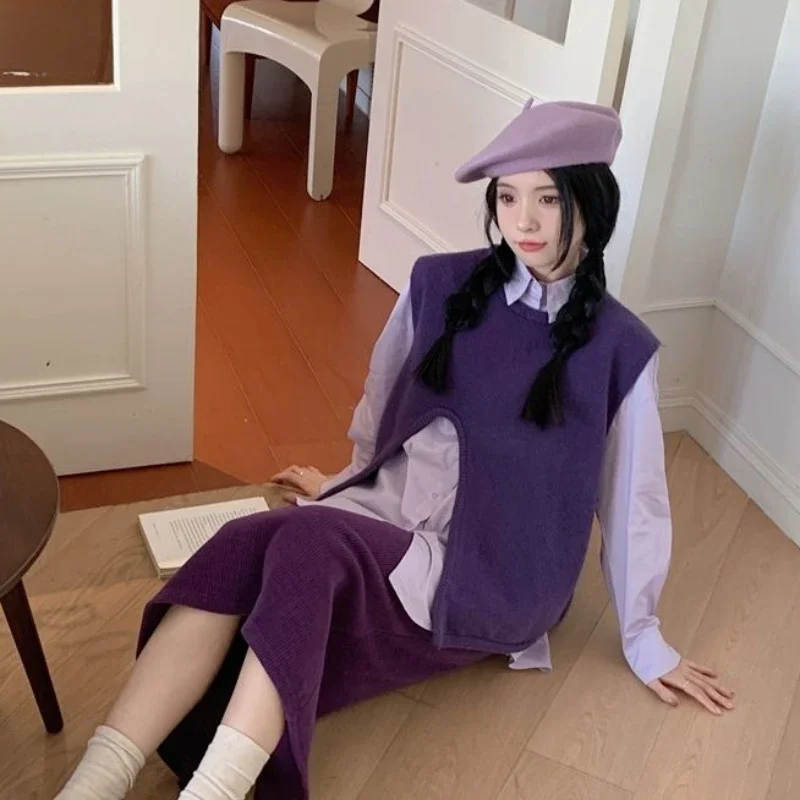Gilet lungo In maglia top per donna girocollo O collo fessura viola maglione da donna economia maglione moderno tendenza 2024 manica di design nuovo