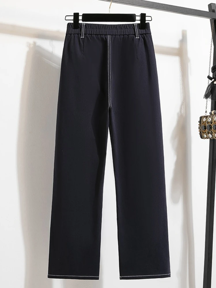 2025 ارتفاع الخصر مطاطا عادية مستقيم الساق السراويل حجم كبير واسعة الساق محبوك الدينيم الجينز النساء الخريف تنوعا التخسيس Capris #2