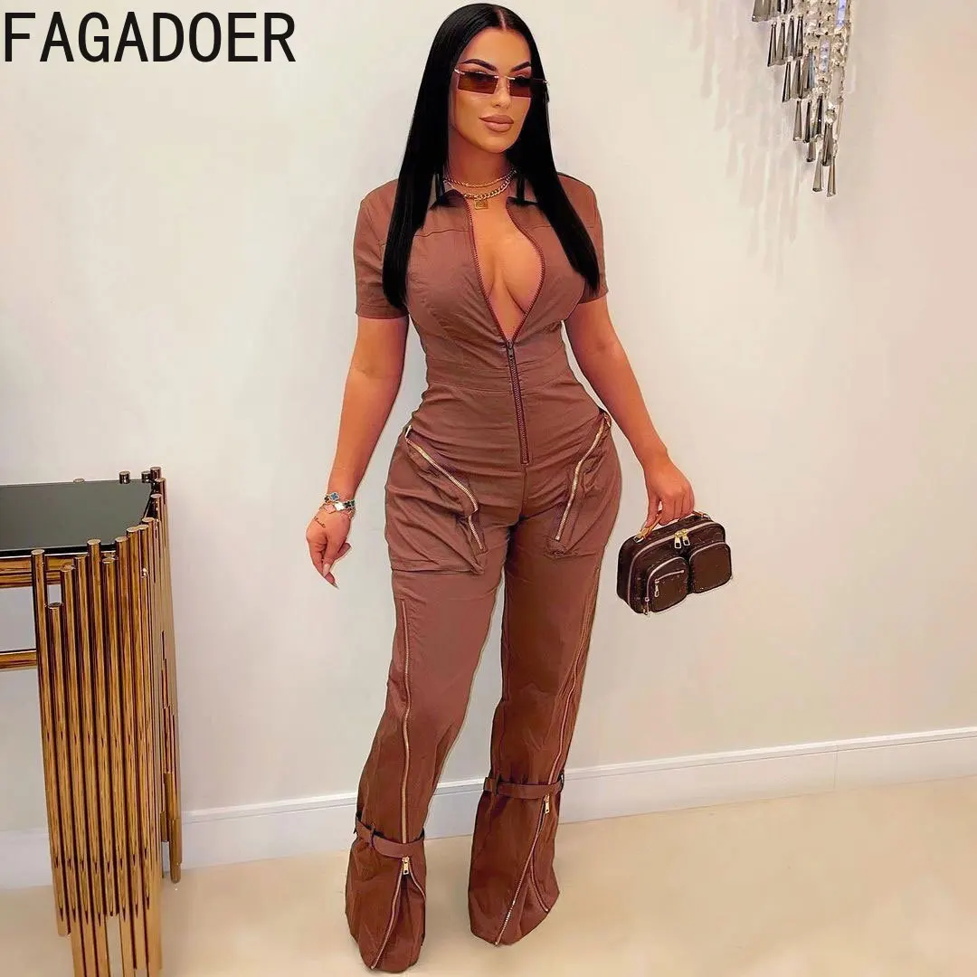 FAGADOER Sexy Solid Pocket Cargo Pants Jumpsuits Women Deep V Short Sleeve Bodycon Playsuits Fashion Sporty One Piece Overalls