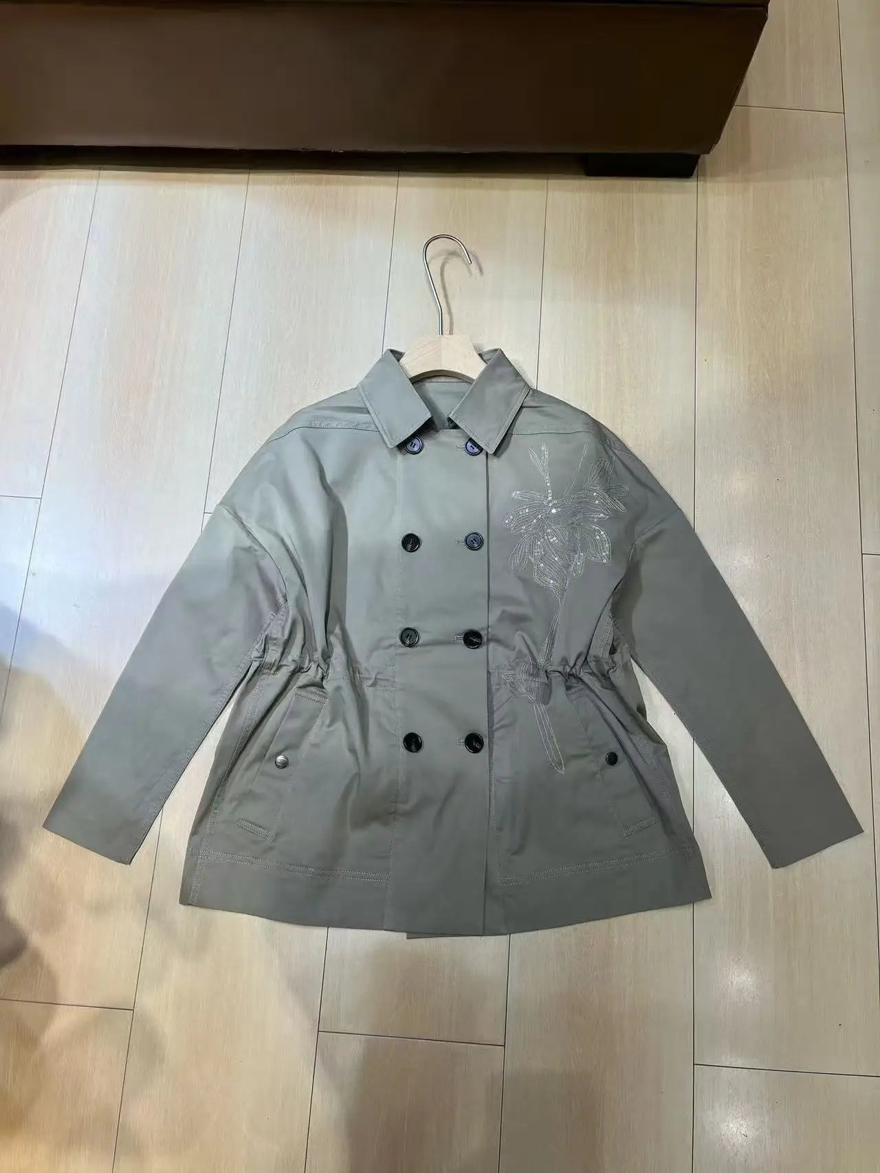 Ladies Dusty Grey Floral Sequin Embroidery Drawstring Waist Windbreaker Jacket