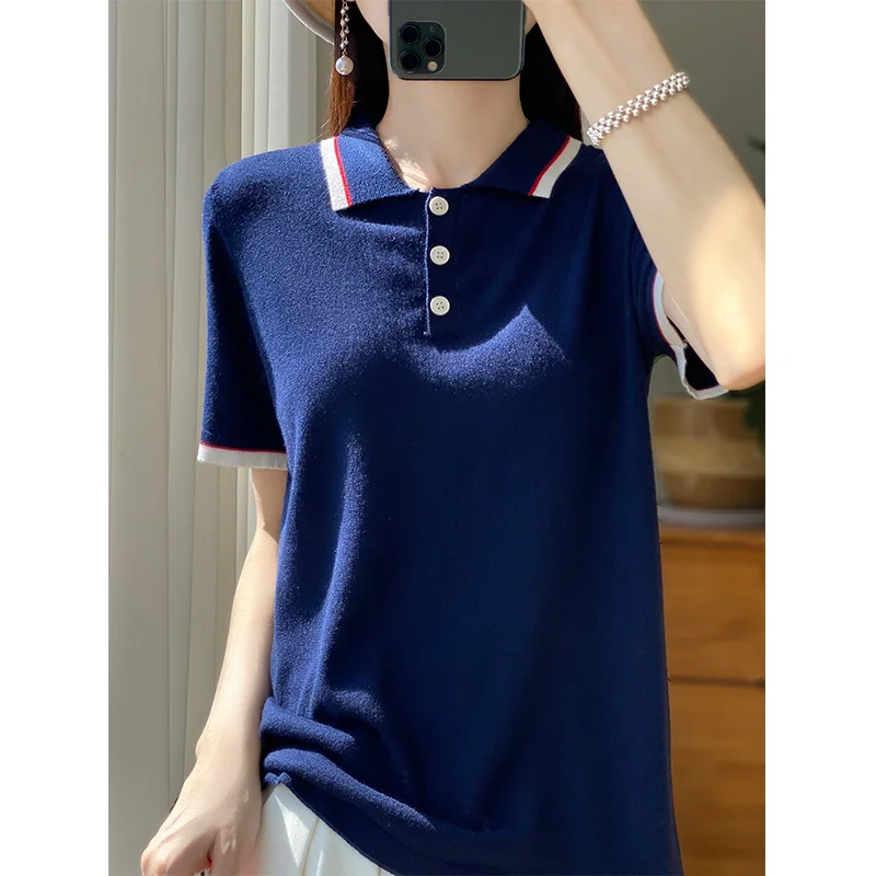 Women's Thin Worsted Wool Short Sleeved T-shirt Slim Knit Half Sleeved Top Loose POLO Collar, Color Matching, Versatile, Summer