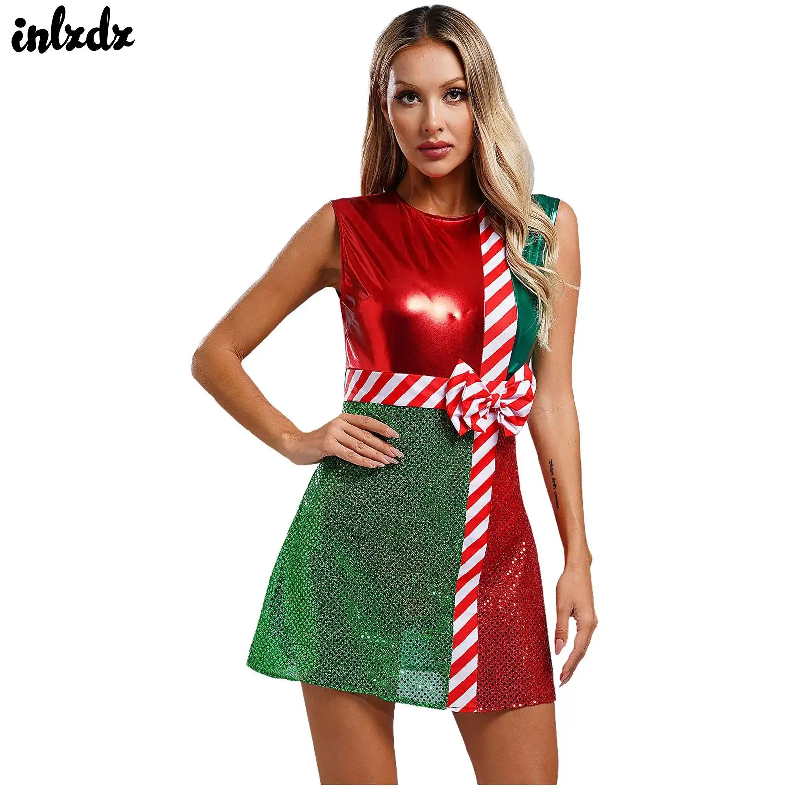 Womens Miss Santa Claus Elf Xmas Circus Cosplay Costume Christmas Halloween Striped Leotard Ballet Tutu Dress with Safe Briefs