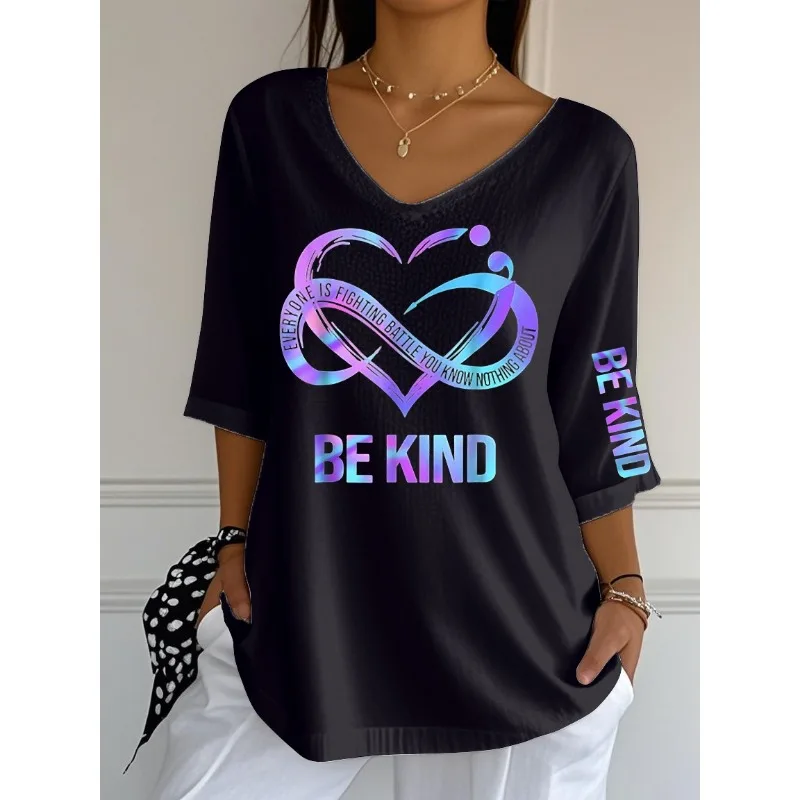 ilstile Women's Be Kind Print T-Shirts Summer 3/4 Sleeve Casual Loose T Shirt V Neck Tops Tees White Black NEW