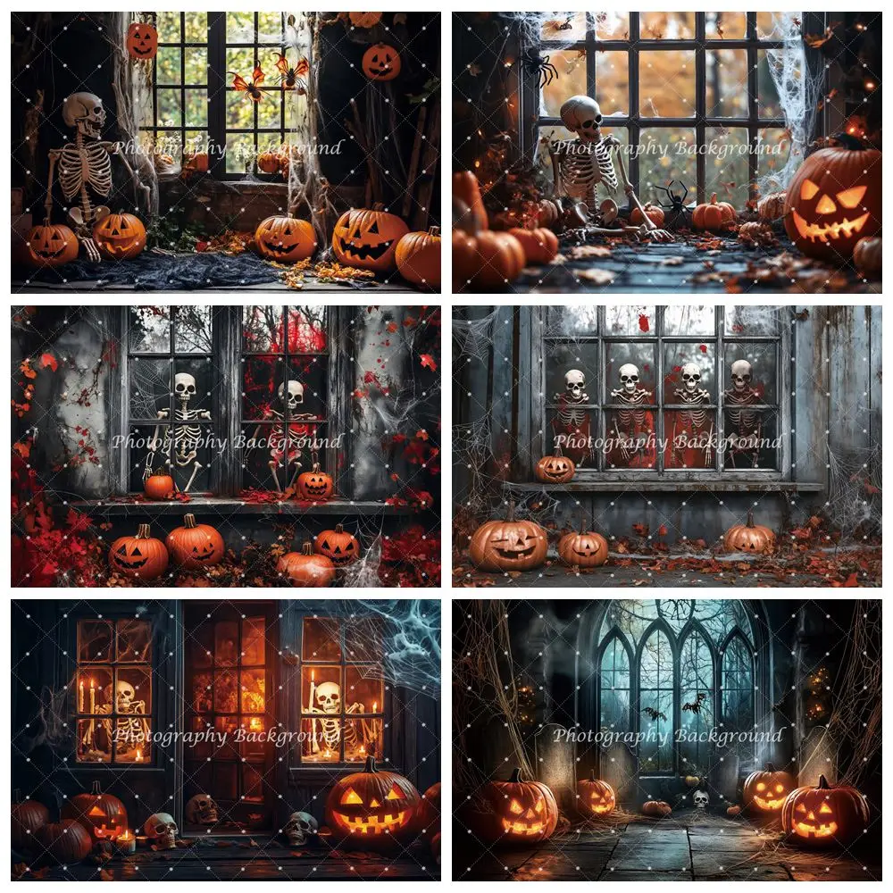 

Halloween Abandoned Room Skull Horror Pumpkin Backdrop Halloween Party Room Wall Decoration Photography Background Photo Studio