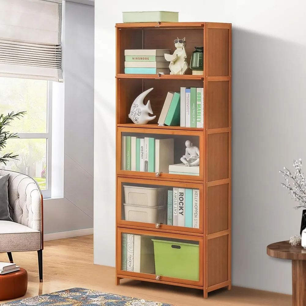 Bamboo Bookcase with Acrylic Doors, 5 Tier Free Standing Book Shelf Storage Cabinet, 68