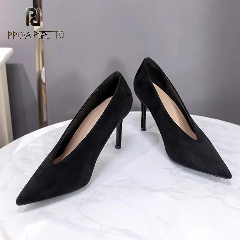 Black Suede Leather Women High Heel Shoe V-mouth 2024 Shallow Mouth Pointed Toe Comfortable Grandma Dress Single Pumps New