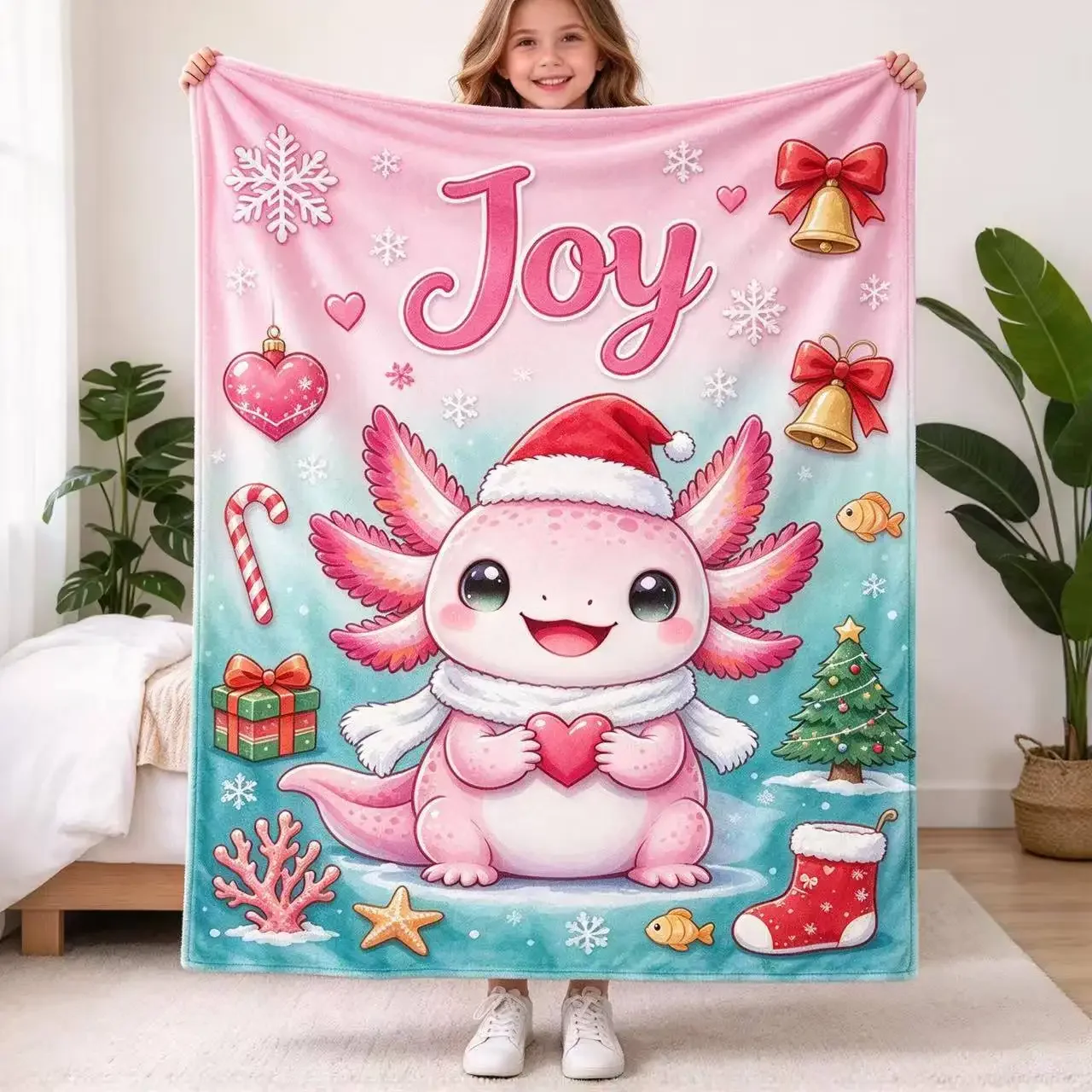 Custom Christmas Axolotl Blankets Personalized Name Soft Flannel Throw Blankets Cartoon Salamander Xmas Gift Home Sofa Bed Decor