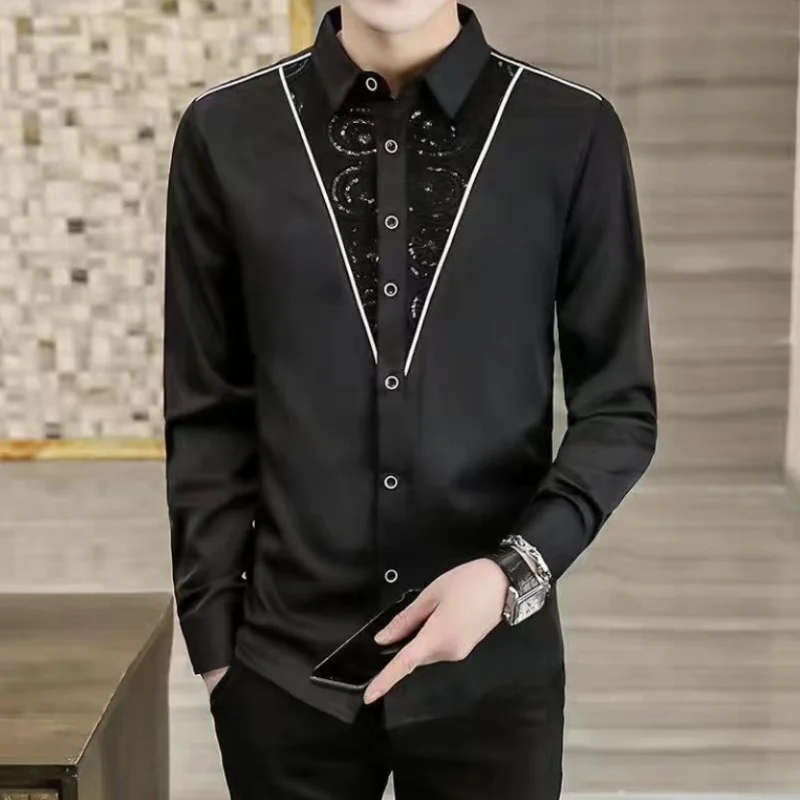 قميص صيفي أبيض وأسود متوسط الأكمام للرجال بقصة ضيقة كاجوال 3/4 كم قميص عالي الجودة موضة الأعمال قميص بأكمام طويلة