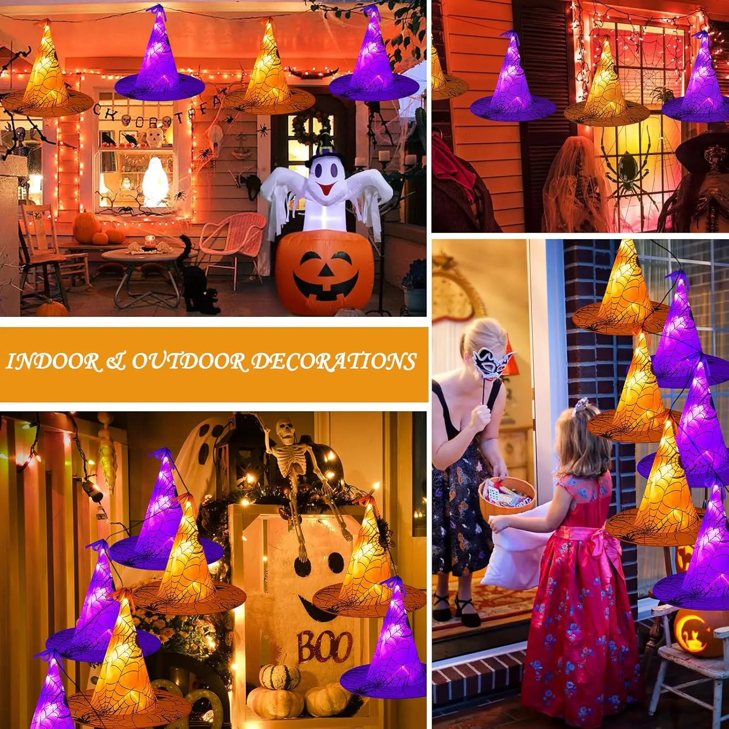 8/16Pcs Halloween Hanging Witch Hats String light Glowing Wizard Hats Outdoor Decoration Waterproof with Remote for Party Decor