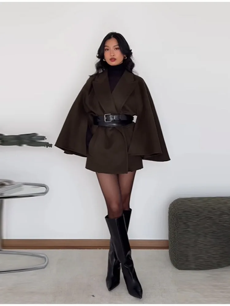 

Женская осенняя шерстяная теплая накидка, винтажная повседневная куртка с лацканами и тонкой талией, праздничная уличная одежда, новинка 2023 года, модная женская верхняя одежда