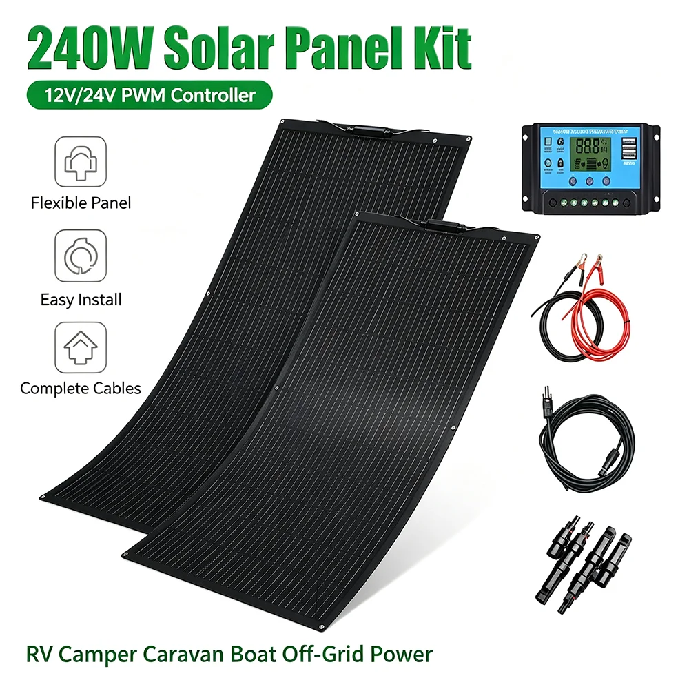 XINPUGUANG 240W Flexible Monocrystalline Solar Panel Kit 18V /  Cable | Waterproof 12V Battery Charger for Car, Home, RV