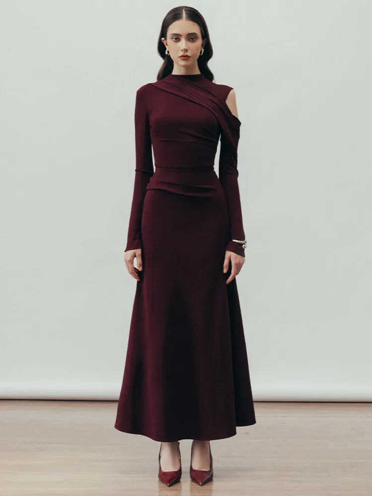 LISM moda mujer vestido de noche cuello redondo diseño calado plisado cintura alta elegante vestido de punto de fiesta 2024 otoño nuevo