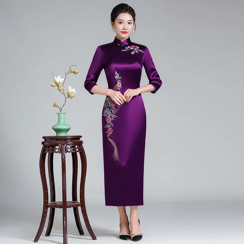 Yourqipao Chinese Mother of The Bride Wedding Dress Embroidered Cheongsam Party Dresses Long Women Prom Gowns Bridal Guest Skirt