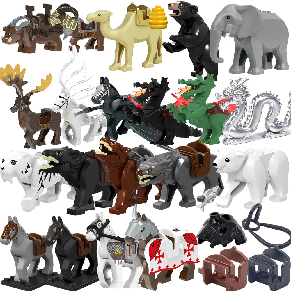 Single Sell Medieval Knight War Horses Wolves Tiger Bears Deer Dragon Animal Decorative Toy Moc Building Block Rope Saddles K039