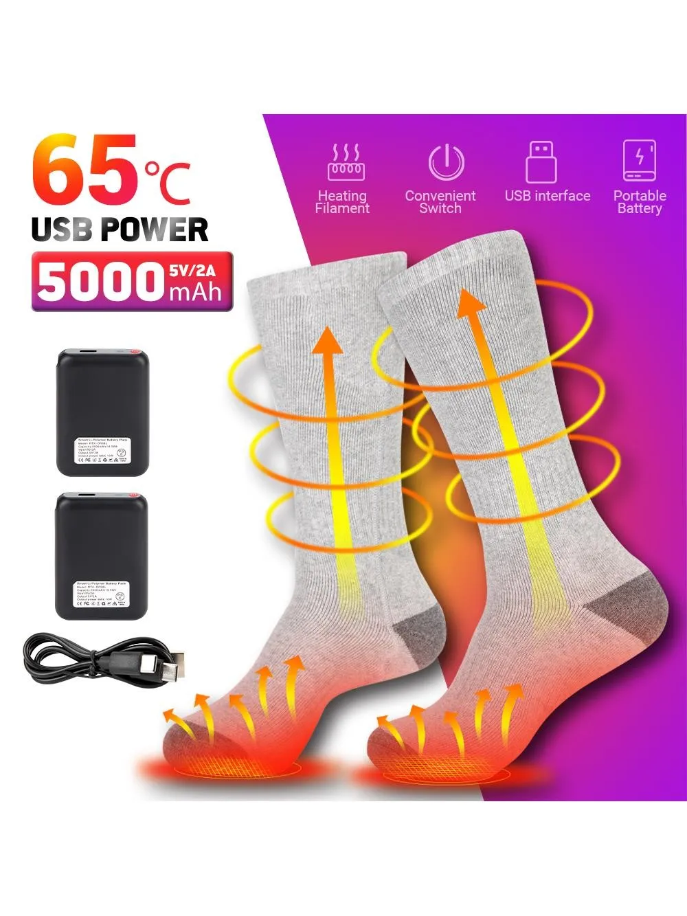 AliExpress HEROBIKER Heated Socks 5000mAh With Battery USB Rechargeable Fever Socks Thermal Socks Foot Warmer Heating Sock Ski Winter Cycling Camping