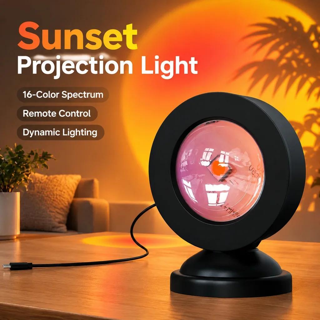 1pc Vibrant Sunset Projection Light - 16-Color Spectrum USB Remote Control Dynamic Color Changing LED Light - Creates Warm Hom