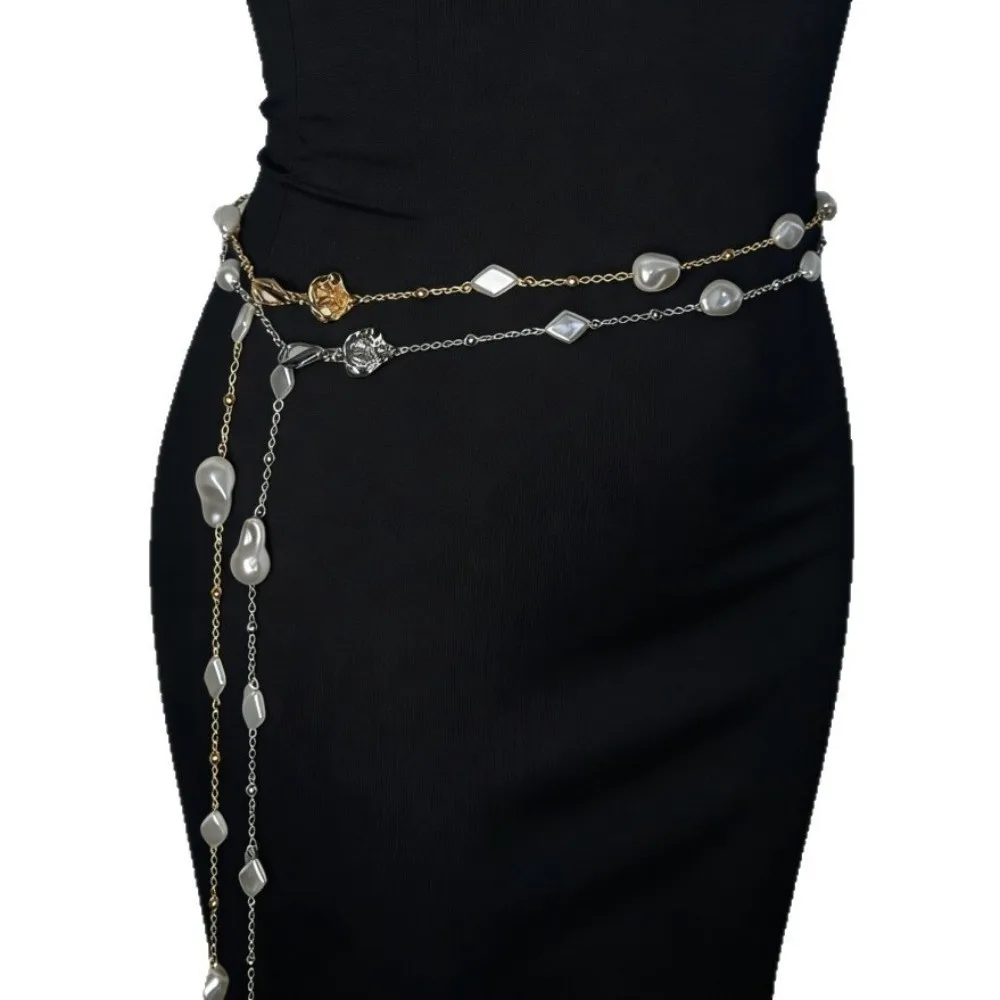 Fashion Adjustable Baroque Waist Chain Rose Imitation Pearl Alloy Belly Chain Sexy Flower Dress Belt Chains Women