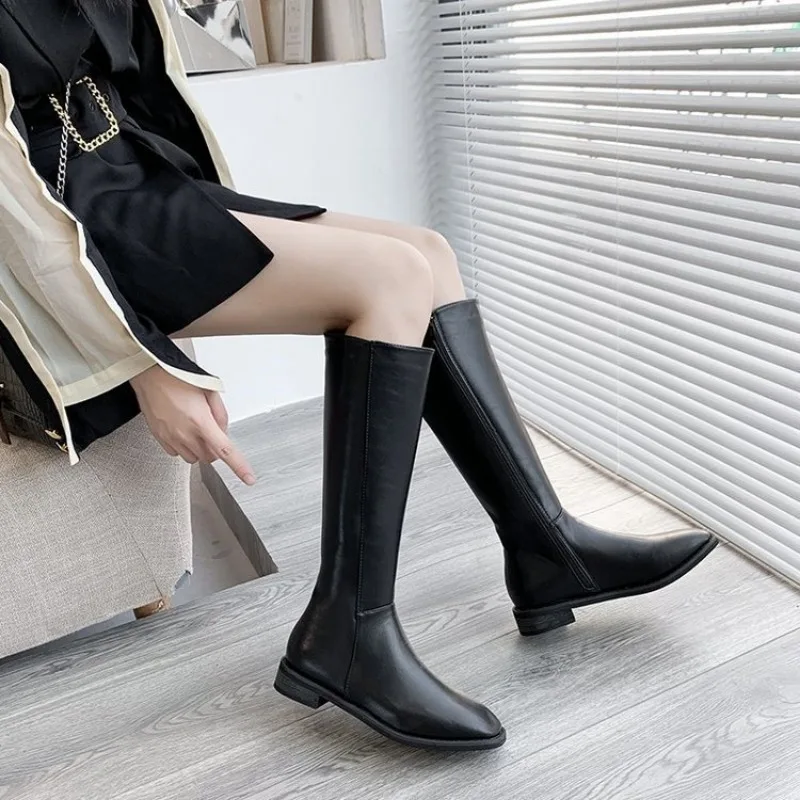 Zimowe buty do kolan damskie buty Pu skórzane czarne zachodnie wysokie długie Chelsea Boots damskie 2023 nowe trendy Botas Mujer