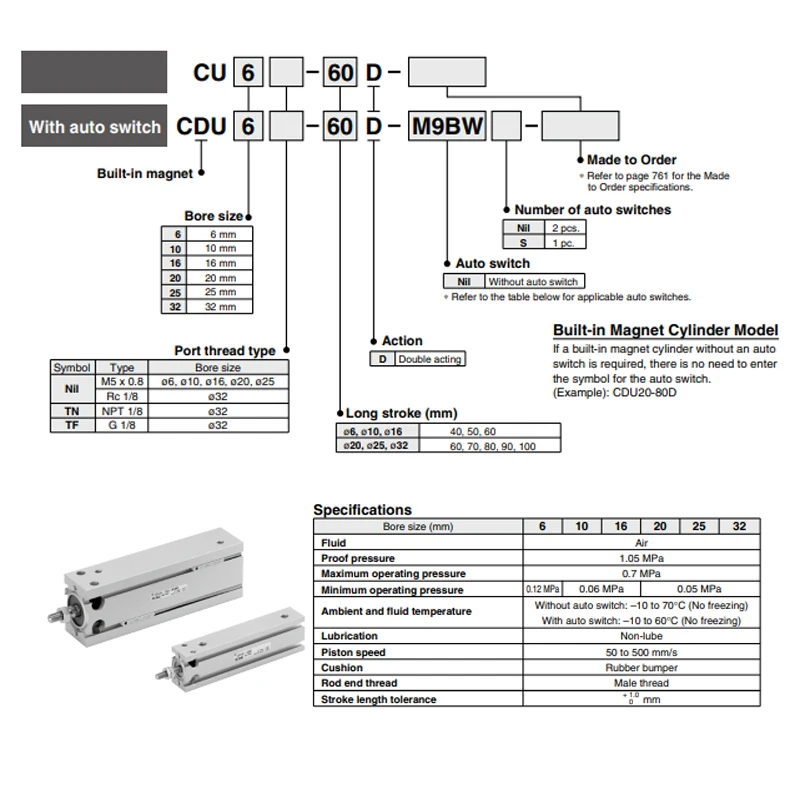 CDU Pneumatischer Luftzylinder Kompakter Frei Montierbarer Doppeltwirkender Zylinder CDU10/16/20/25/32/40 Bohrung 5-100mm Hub – Detail 2