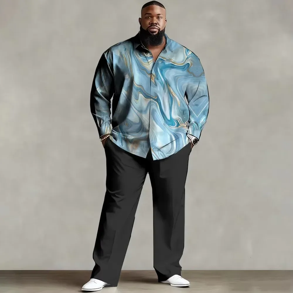 

S-9XL Big & Tall Men Abstract Marble Gradient Bike Flame Print Long Sleeve Shirt & Wide Leg Pants 2Pcs Outfit