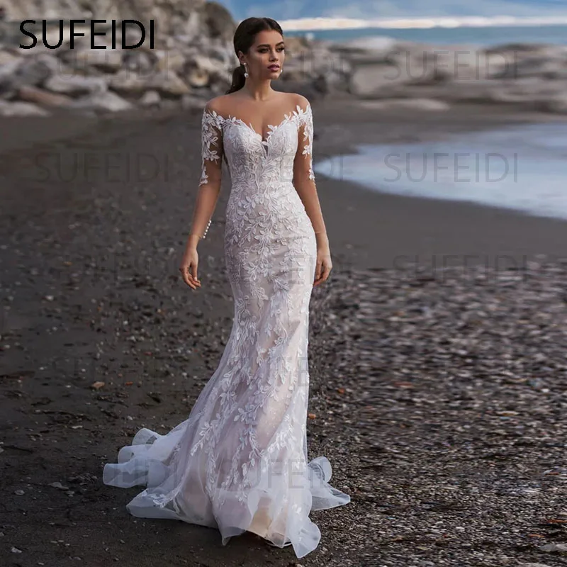 Vestido de novia de tul de sirena de manga larga para playa, vestido de novia elegante con cuello en V, Apliques de encaje, ilusión trasera con botón