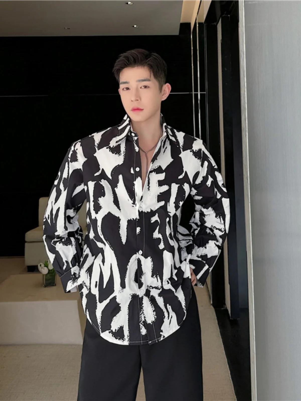 

Korean Sle Long Sve Letter Print Casual Loose Men's irt Trendy Versatile Haome Lightweight Outerwear Polyester Blend