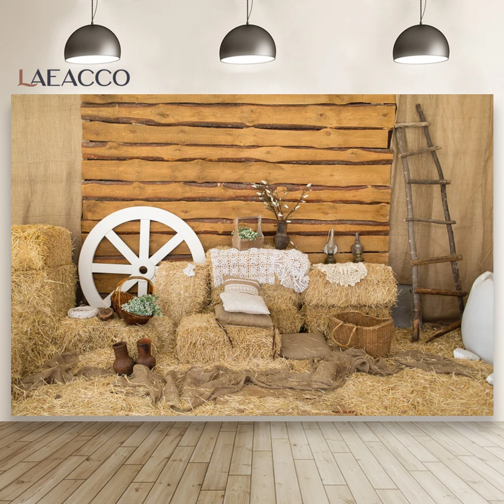 Laeacco Rural Countryside Straw Wooden Wall Wheel Photo Backdrops Photozone Flowers Potted Plants Photography Backgrounds Props