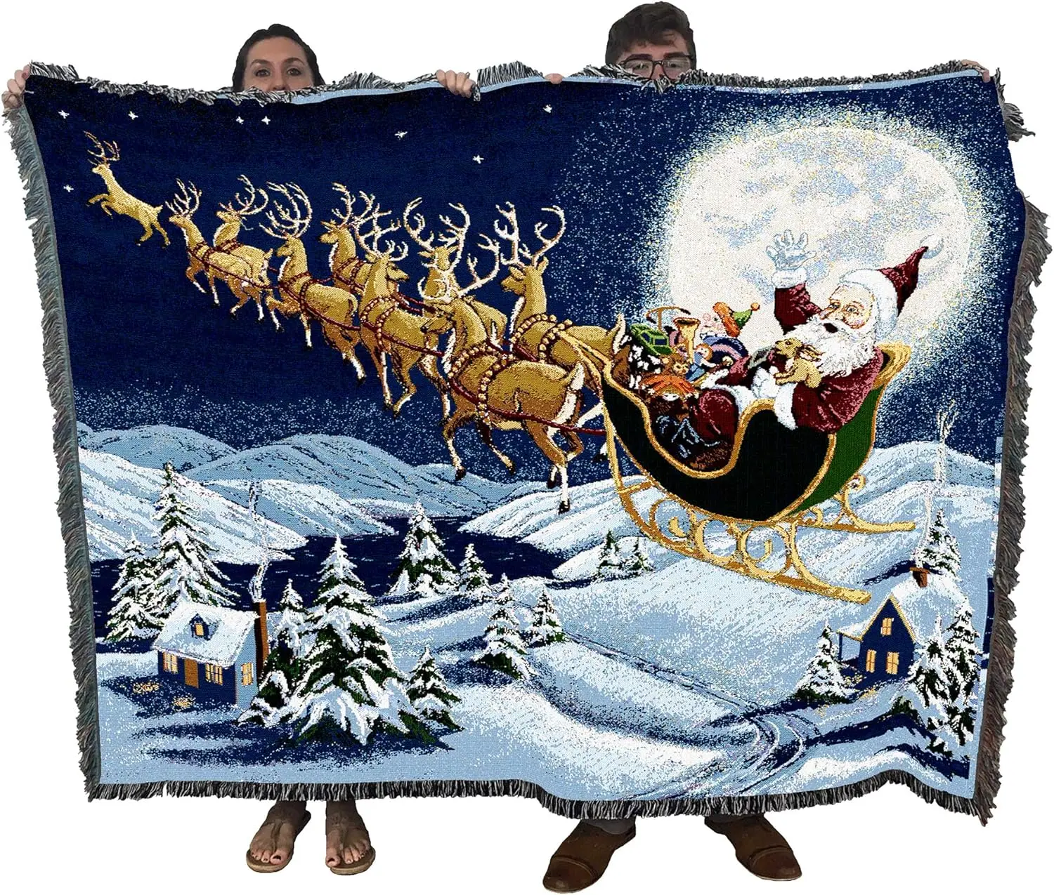 

Волшебное рождественское одеяло с Санта-Клаусом и оленями - хлопковый тканый гобеленовый плед, сделано в США (72x54)