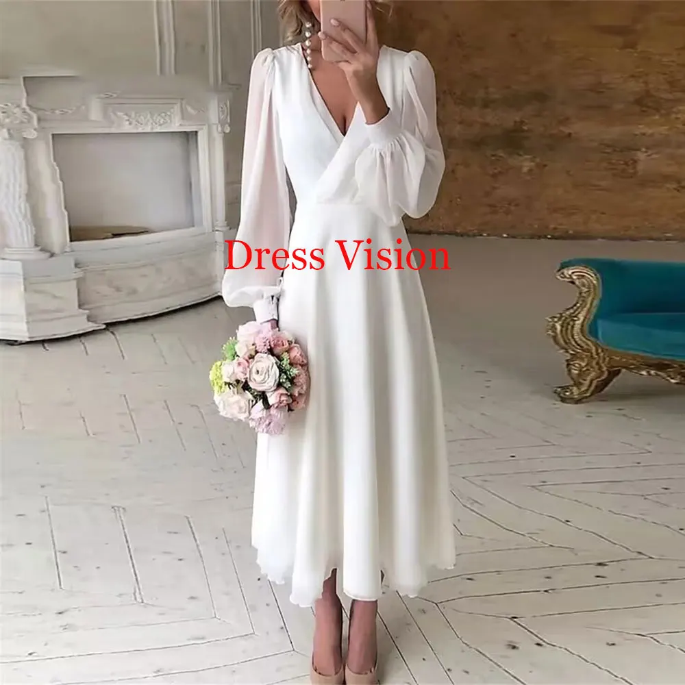 Şifon düğün elbisesi V boyun uzun kabarık kollu basit gelinlikler A-line resmi durum elbiseler Vestidos De Vestidos