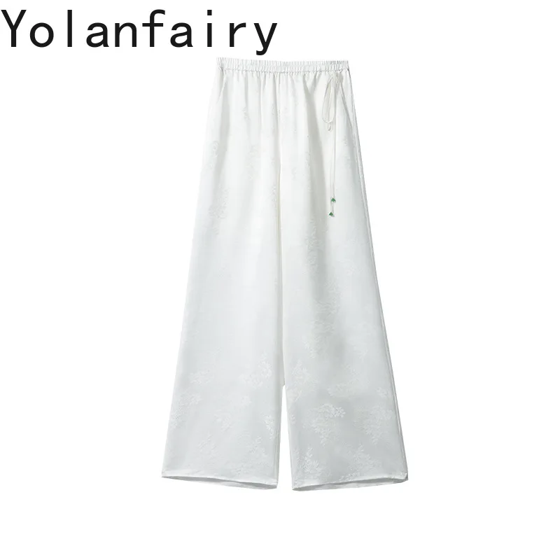 YOLANFAIRY Women 100% Mulberry Silk Hollow Luo Jacquard Pants Elastic Waist Drawstring Wide Leg Straight Casual Pants Trousers