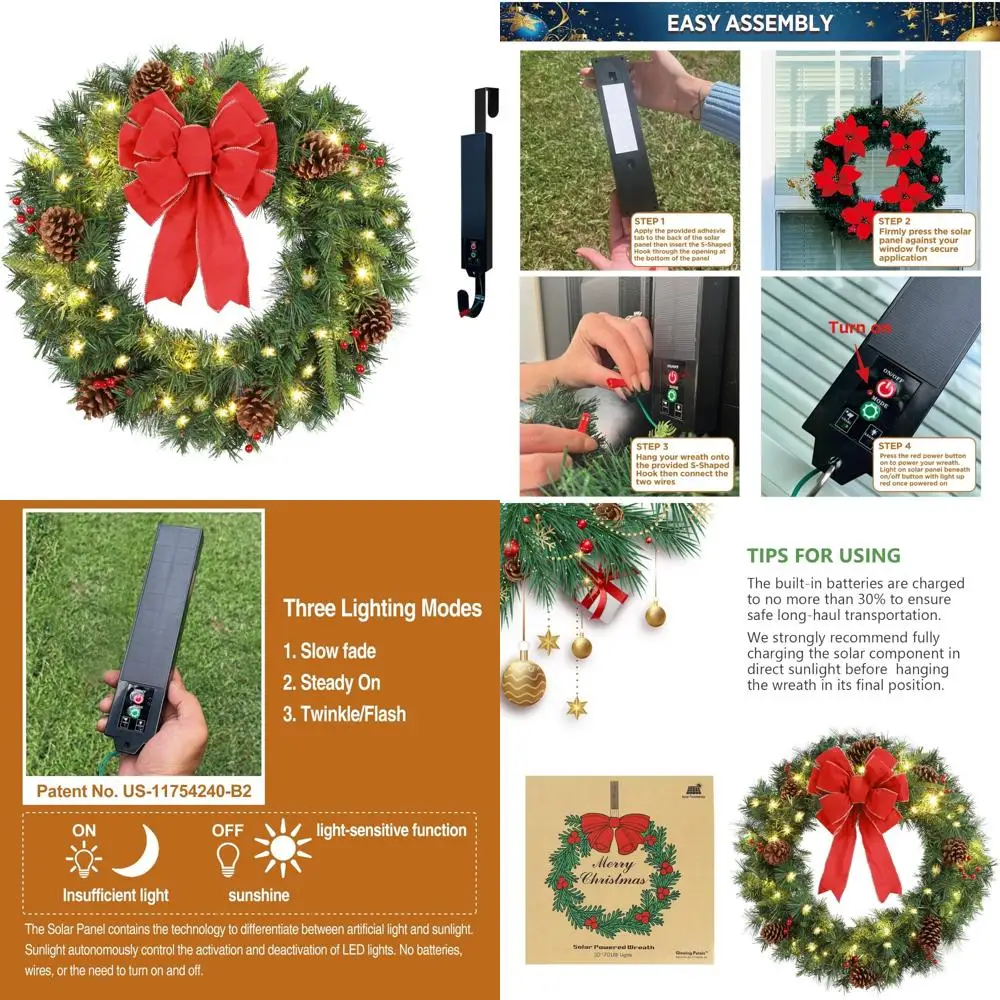 

Pre-Lit 50 LED Artificial Christmas Wreath, 24 Inches, Outdoor Door Window Decor with Frosted Berries