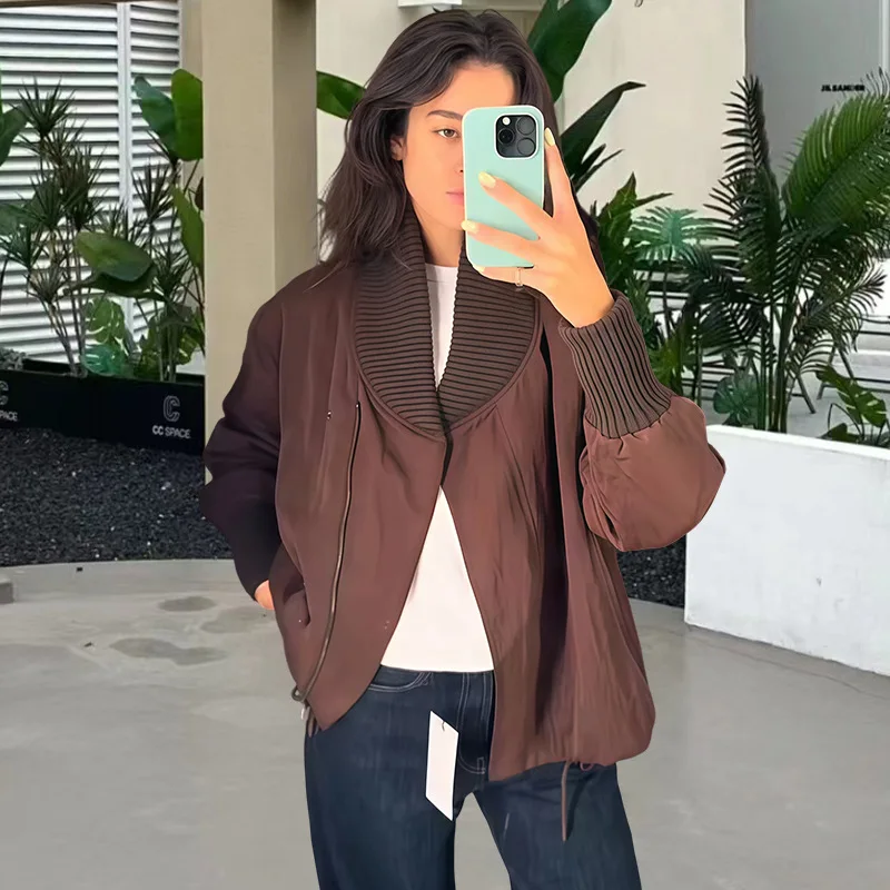 

New Outerwear Jacket Short Jacket For Women In Autumn Winter Knitted Stitching Stand Collar Loose Slimming Niche Design Jackets