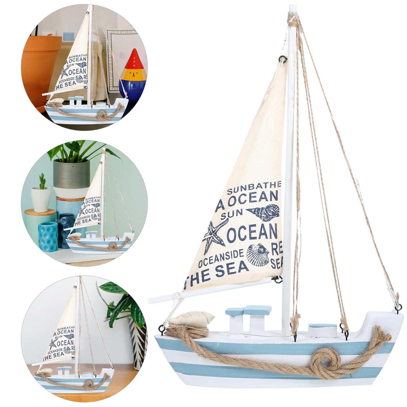 Wooden LED Sailboat Chic Mediterranean Style Decorative Ornament for Bedroom Living Room Office Car Relaxing Gift Table