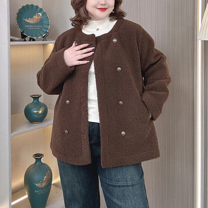 Plus Size Women Fleece Coat Winter Warm Loose Double Breasted Thicken Polyester Sherpa Jacket 2458