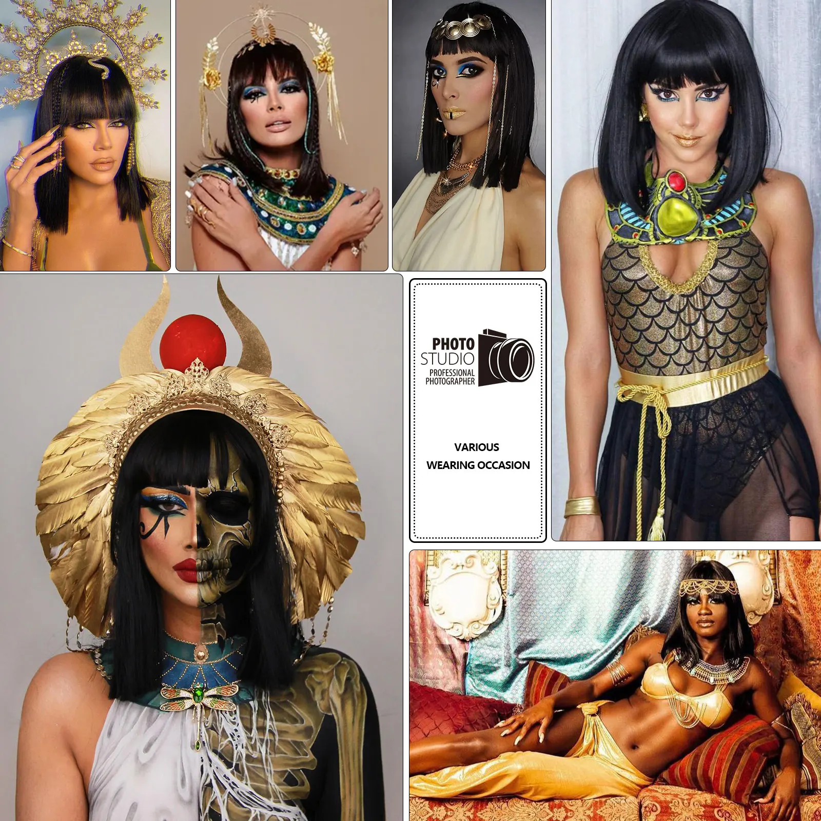 14Inch Synthetic Egypt Queen Cleopatra Wig Short Straight Black Hair with Bangs Halloween Party Carnival Cosplay Wigs