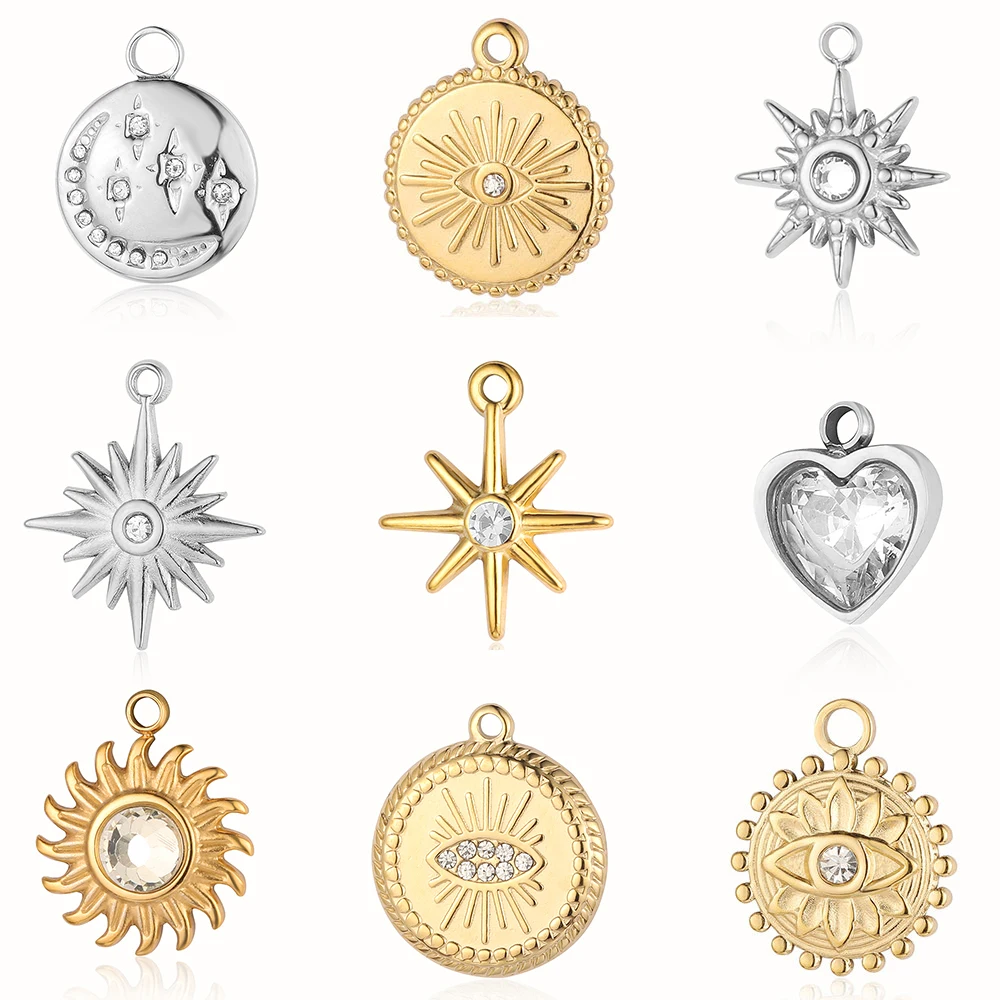 Pendentif en forme de cœur de pêche et de croissant, poli miroir, en acier inoxydable 316, breloque pour les yeux, soleil, étoile, lune, strass, bijoux, 3 pièces/lot