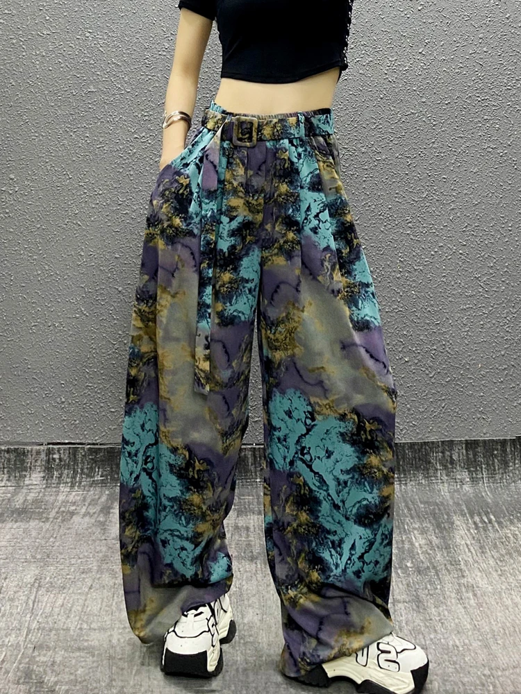 2025 Summer Women's New Fashionable Colorful Printed Design Wide-Leg Pants High Waist Loose Slimming Straight Casual Pants