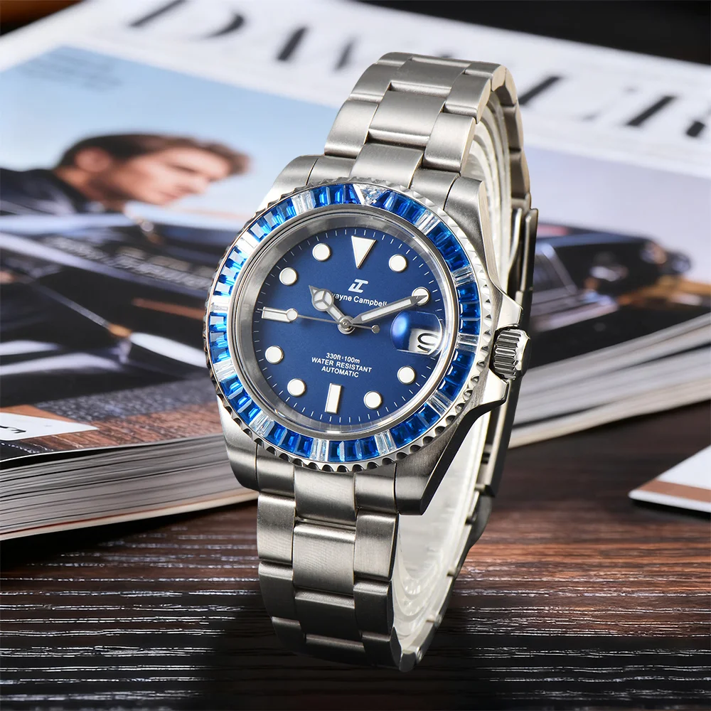 40.5 مللي متر ساعة ساعة رجالي عالية الجودة طائرة فضية الياقوت ساعة زجاجية NH35 ساعة يد تعمل بالحركة NH35 الماس رصع ساعة