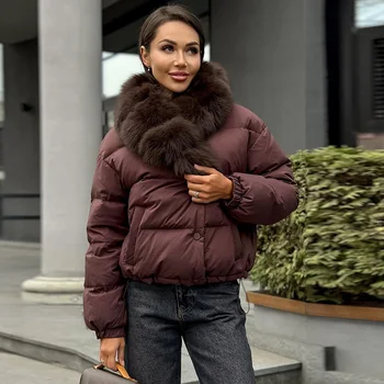 Fashion Solid Women's Puffer Jacket Faux Fur Collar Splice Long Sleeves Short Loose Coat Chic 2026 Autumn Winter New Daily Wear 8